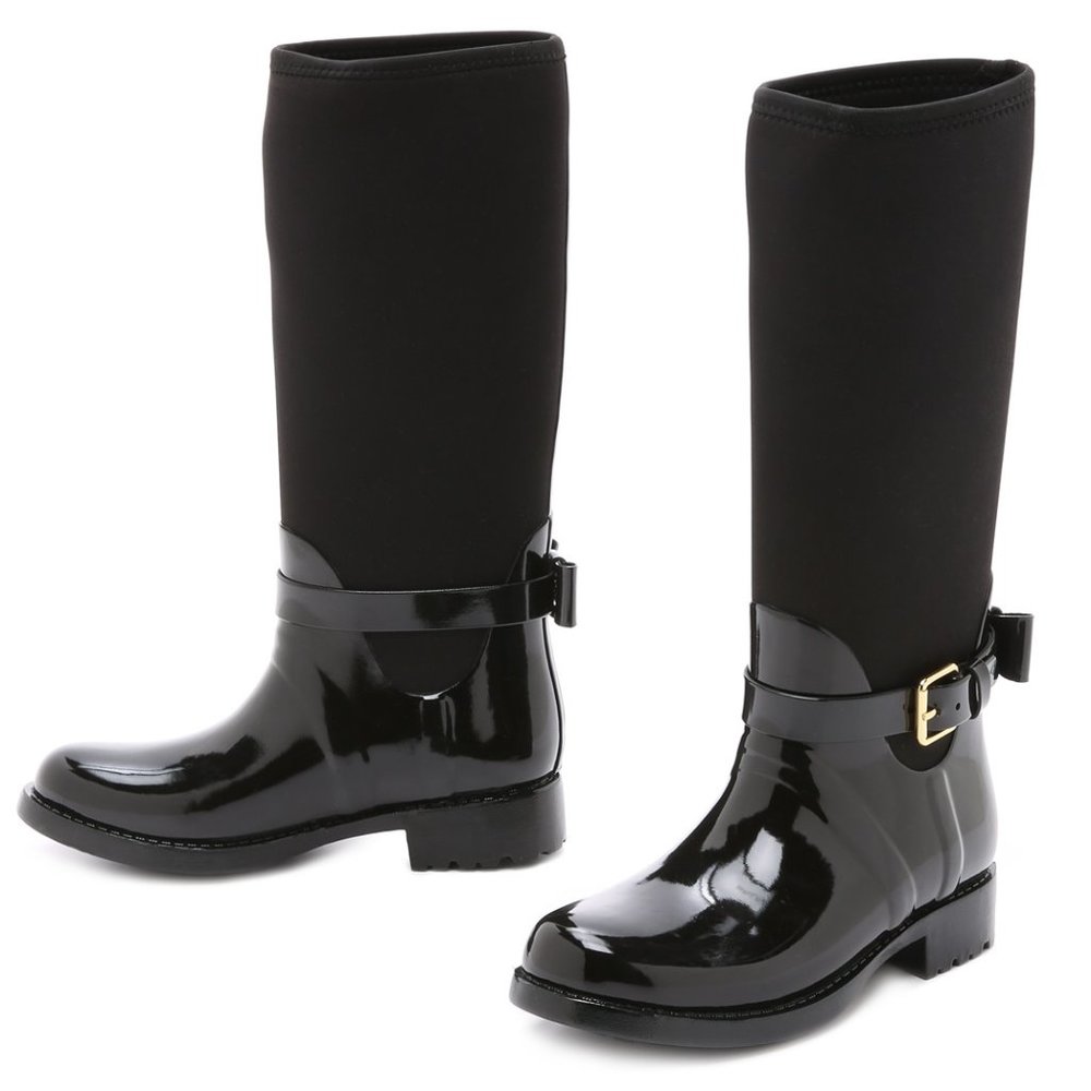 Kate Spade Neoprene Bliss Rain Boots / Size 7 / Shiny Black Tall Bows